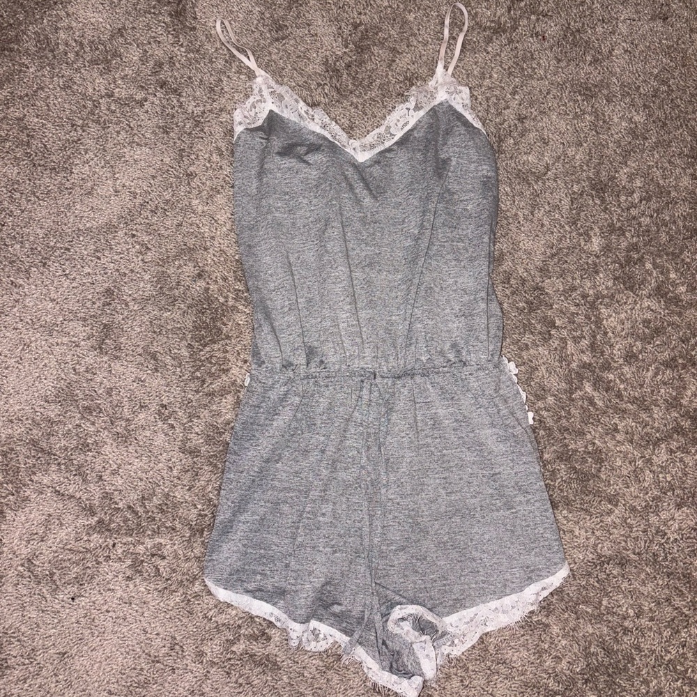 SHEIN Gray Lace-Trim Pajama Romper